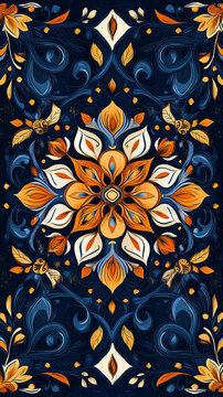 A detailed floral pattern with bees flying around a large flower in the center against a dark blue background.
