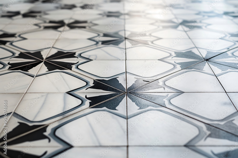 Poster geometric pattern of a ceramic floor tile covering a surface, creating a decorative and repetitive d