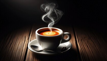 Cup of Coffee with Steam on Wooden Table.