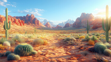 Desert landscape with towering cacti and red rocks
