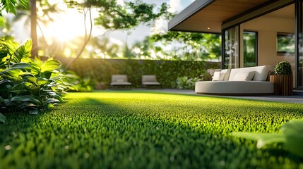 Lush green lawn with a white modern outdoor sofa, wooden patio accents, and a sunlit terrace, creating a luxury outdoor living space with a tropical garden backdrop.
