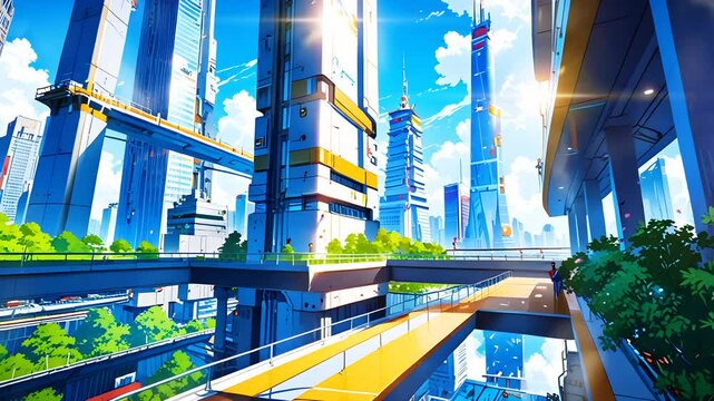 Anime style metropolitan city, smooth looping video