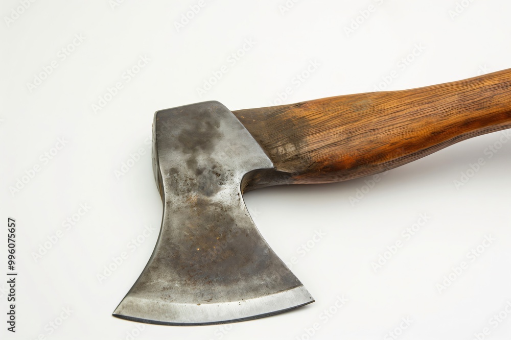 Poster well used forestry axe with a wooden handle is lying on a white backdrop, showing its sharp blade an