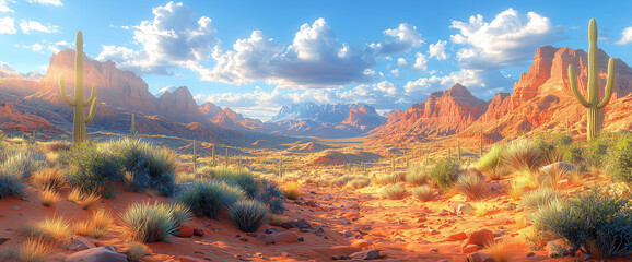Desert landscape with towering cacti and red rocks
