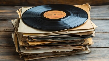 Fototapeta premium Stack of vintage vinyl records on wooden table