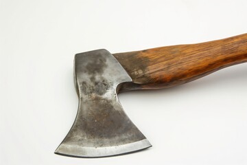 Well used forestry axe with a wooden handle is lying on a white backdrop, showing its sharp blade and weathered appearance