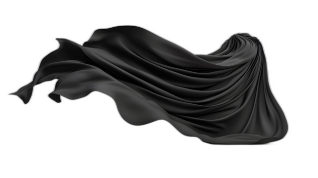 A black cloak billowing as if caught by the wind isolated on a plain white background