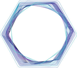 hexagonal frame with swirling, translucent lines in shades of purple and blue, creating futuristic and abstract design. Open center invites customization and creative use