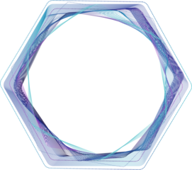 hexagonal frame with swirling, translucent lines in shades of purple and blue, creating futuristic and abstract design. Open center invites customization and creative use