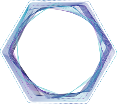 hexagonal frame with swirling, translucent lines in shades of purple and blue, creating futuristic and abstract design. Open center invites customization and creative use