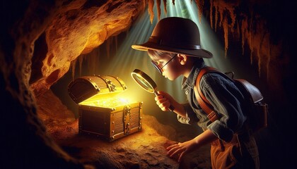Young Explorer Discovering Treasure in a Cave.