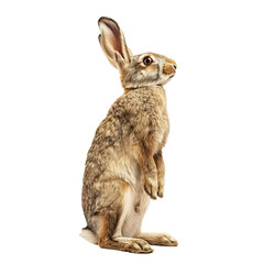 Naklejka premium Wild rabbit standing on its hind legs, listening intently with ears raised