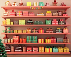 A colorful display of wrapped gifts on shelves, perfect for celebrating holidays and festive occasions.