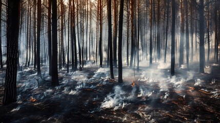 Fototapeta premium Forest ravaged by wildfires with blackened trees and smoky skies showing the severe fires caused by climate change