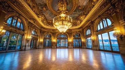 Obraz premium Elegant ballroom with a grand chandelier, ornate ceiling, and large windows illuminating the space.