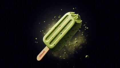 Green Ice Cream Popsicle with Splashing Particles.