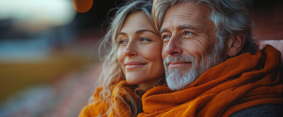 Fototapeta premium Elderly man and woman on a morning stadium. Sunshine. Smile. Close up