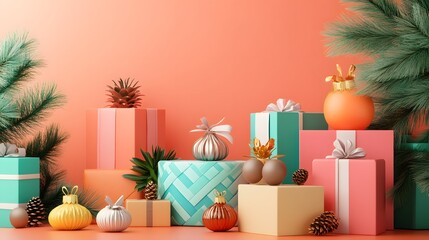 Vibrant holiday gifts arranged on a pastel background, perfect for festive celebrations and seasonal decor inspiration.