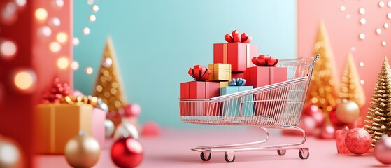 A festive shopping cart filled with colorful gift boxes, surrounded by holiday decorations and vibrant backgrounds, perfect for Christmas.