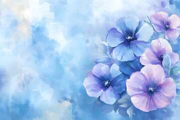 Abstract watercolor painting with blue and purple flowers on a background. 