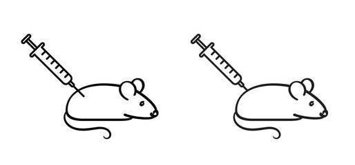 Cartoon lab mouse injection needle. Laboratory test, Animal testing, Medical experiment and research. for syringe and rat. Experimental study. Vaccine test on animals.