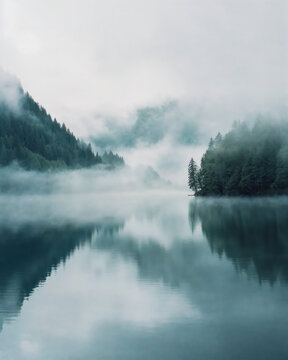 Tranquil Misty Lake Morning with Forest Reflection