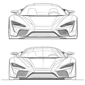 vector drawing of a sports car sketch from different sides with simple lines on a white background .Generative AI