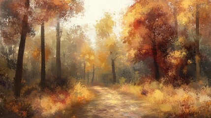 Fototapeta premium A Path Through an Autumnal Forest with Golden Sunlight