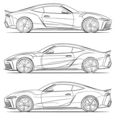 Fototapeta premium vector drawing of a sports car sketch from different sides with simple lines on a white background .Generative AI
