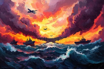 Digital painting of landmasses separated by a turbulent sea