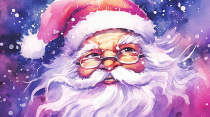 Obraz premium Watercolor of Santa Claus face on a vivid purple background