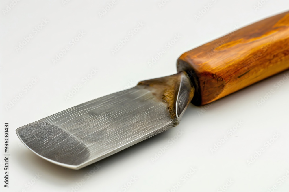 Poster close up of a wood carving chisel resting on a white background, showcasing its sharp blade and wood