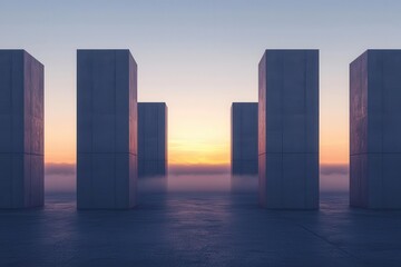 Low-angle view of massive tariff barriers constructed from giant concrete blocks