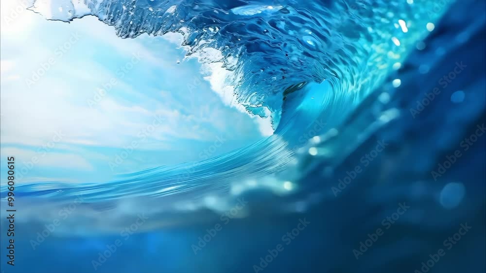 Poster a close-up of a blue ocean wave, showcasing its texture and movement with sunlight filtering through