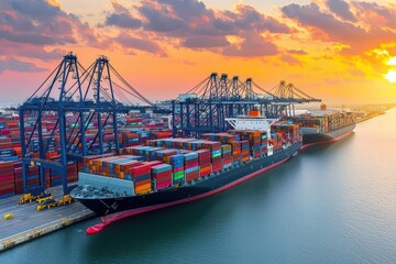 Naklejka premium Panoramic view of a bustling international shipping port