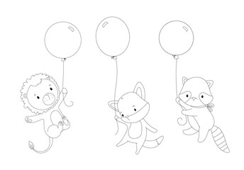 Outline cute animals fox, lion and raccoon with balloons. Line hand drawn illustrations set for coloring book