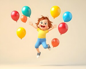 A joyful child leaping in happiness, surrounded by colorful balloons, capturing the essence of fun and celebration.