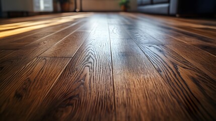 Obraz premium Rich brown hardwood flooring in close-up perspective, highlighting detailed wood grain texture and warm interior lighting, creating a cozy home atmosphere with rustic style.