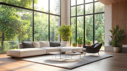Fototapeta premium A modern living room with large windows overlooking a lush green garden.