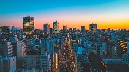 Aerial view of a city at sunset.