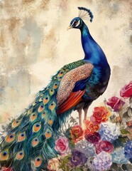 Elegant peacock standing amidst roses with a vintage textured background

