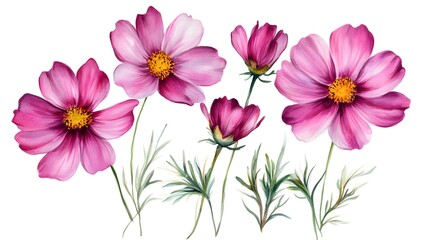 Obraz premium Beautiful pink cosmos flowers with a watercolor painting effect on a white background,