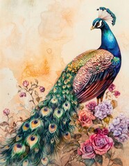 Majestic peacock standing among blooming roses with a soft vintage background
