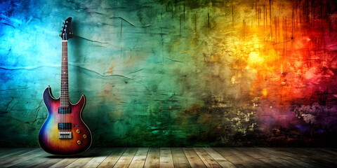 Rock music background with grungy textures, vibrant colors, and electric guitar silhouette, Rock, music, background, festival