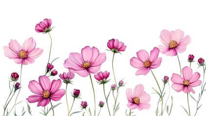 Beautiful pink cosmos flowers with a watercolor painting effect on a white background,