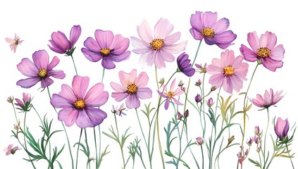 Beautiful pink cosmos flowers with a watercolor painting effect on a white background,