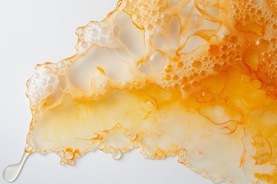 Spilled orange slurry bubbles on white, revealing mesmerizing colors. Macro view shows science of fresh citrus juice. Enjoy sweet, sour, vitamin packed drink