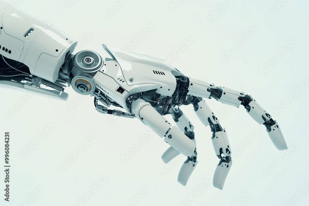 Poster white robotic arm is extending its hand, showcasing its intricate design and potential for interacti