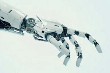 White robotic arm is extending its hand, showcasing its intricate design and potential for interaction