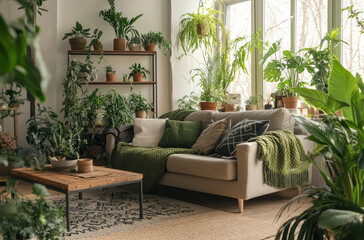 A cozy living room with plants, a sofa, and a coffee table, featuring natural greenery in the decor. The space is well-lit by large windows that add light to the room's white walls